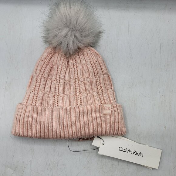 Calvin Klein Womens Pink Blush Pom Beanie Hat Faux Fur Winter Warm Outdoors main image 6